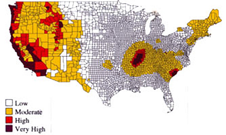 Seismicity Map of the United States showing the very high areas being on the west coast, Carolinas, and northwestern Tennessee. The high and moderate areas surround these very high areas.